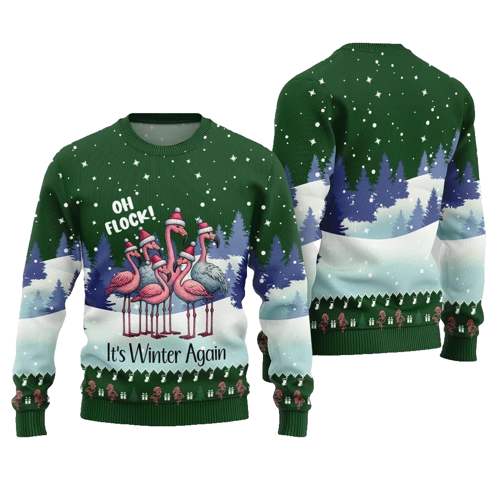 2026 Christmas Oh Flock Flamingo Ugly Christmas Sweater - Moonbestprint