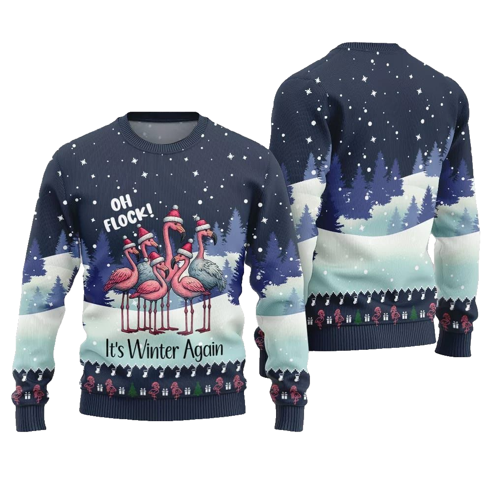 2026 Christmas Oh Flock Flamingo Ugly Christmas Sweater - Moonbestprint