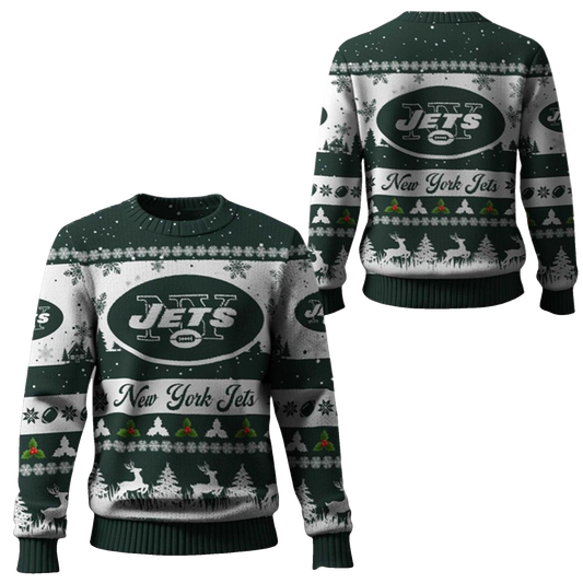 2026 Christmas NY Jets Festive Reindeer Tree Ugly Sweater - Moonbestprint