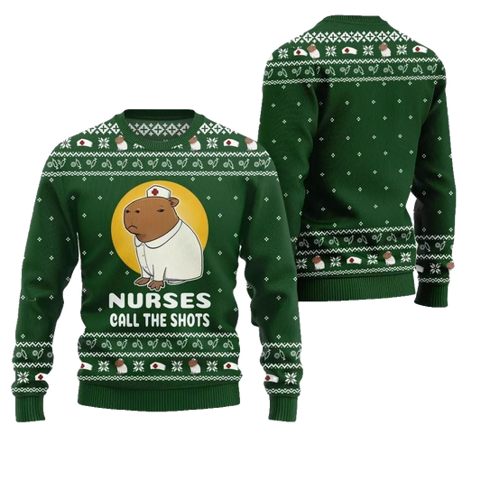 2026 Christmas Nurse Capybara Call The Shots Ugly Christmas Sweater - Moonbestprint