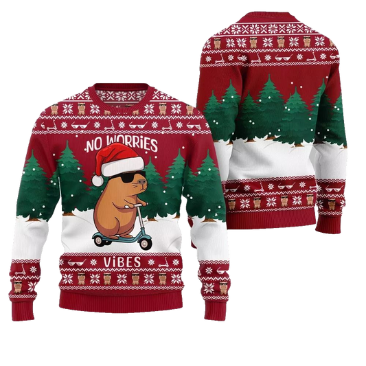 2026 Christmas No Worries Vibes Capybara Ugly Christmas Sweater - Moonbestprint