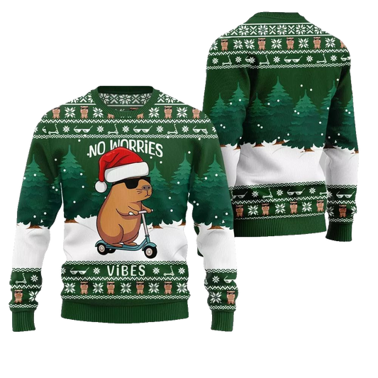 2026 Christmas No Worries Vibes Capybara Ugly Christmas Sweater - Moonbestprint