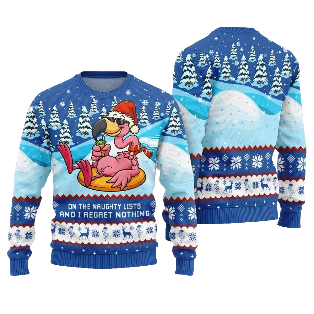 2026 Christmas Naughty List Flamingo Ugly Christmas Sweater - Moonbestprint
