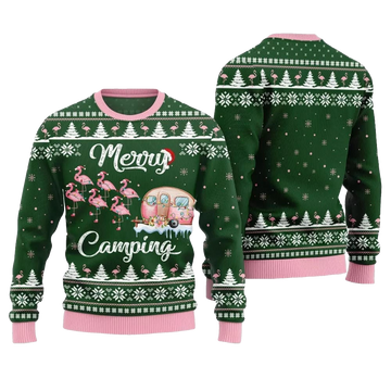 2026 Christmas Merry Camping Flamingo Ugly Sweater - Moonbestprint