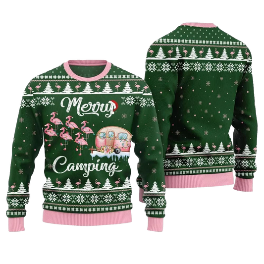 2026 Christmas Merry Camping Flamingo Ugly Sweater - Moonbestprint