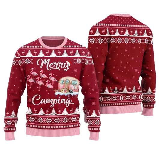 2026 Christmas Merry Camping Flamingo Ugly Sweater - Moonbestprint