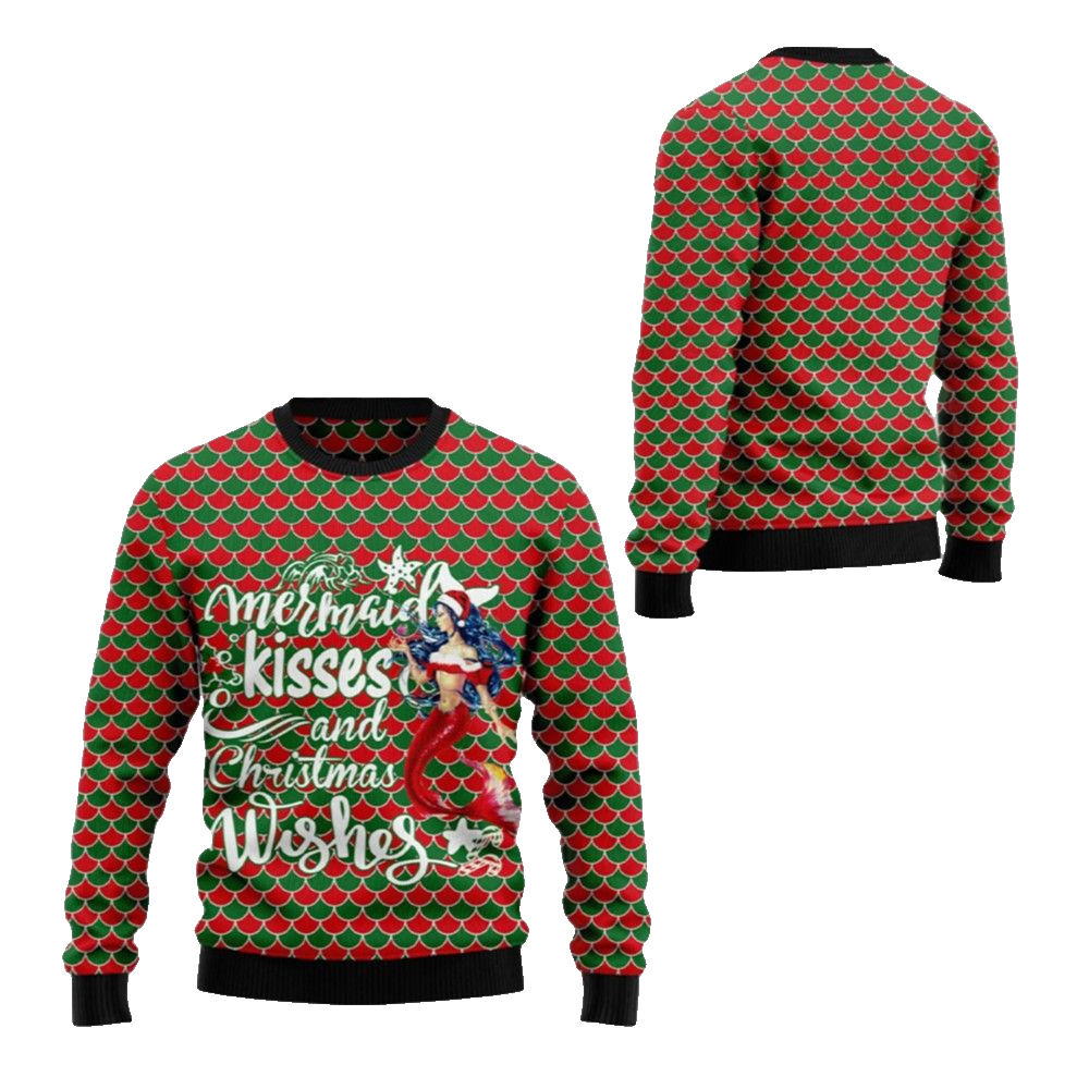 2026 Christmas Mermaid Kisses And Christmas Wishes Ugly Christmas Sweater - Moonbestprint