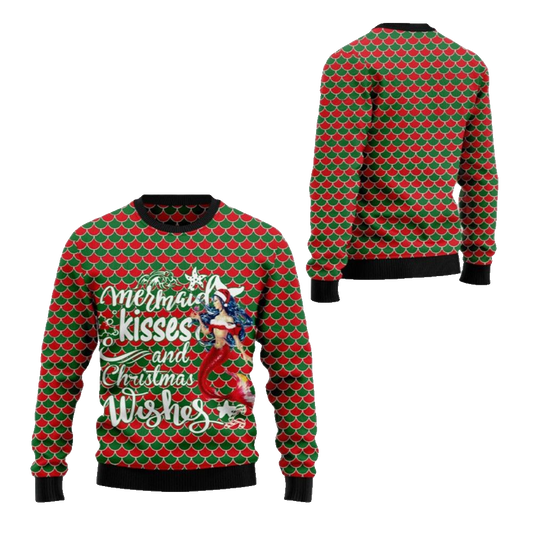 2026 Christmas Mermaid Kisses And Christmas Wishes Ugly Christmas Sweater - Moonbestprint