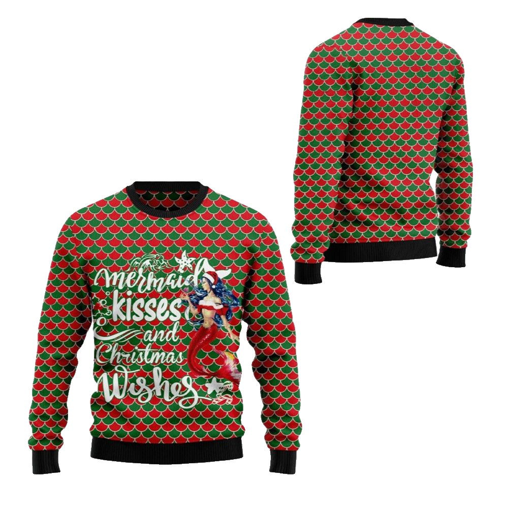 2026 Christmas Mermaid Kisses And Christmas Wishes Ugly Christmas Sweater - Moonbestprint