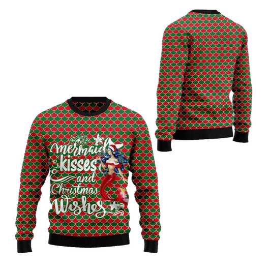 2026 Christmas Mermaid Kisses And Christmas Wishes Ugly Christmas Sweater - Moonbestprint