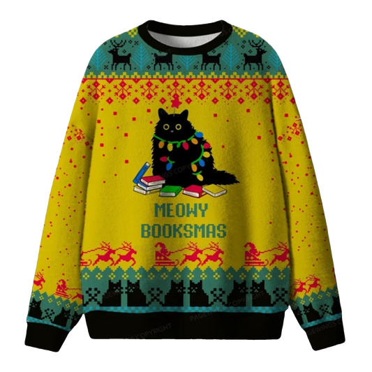 2026 Christmas Meowy Booksmas Ugly Sweater - Moonbestprint