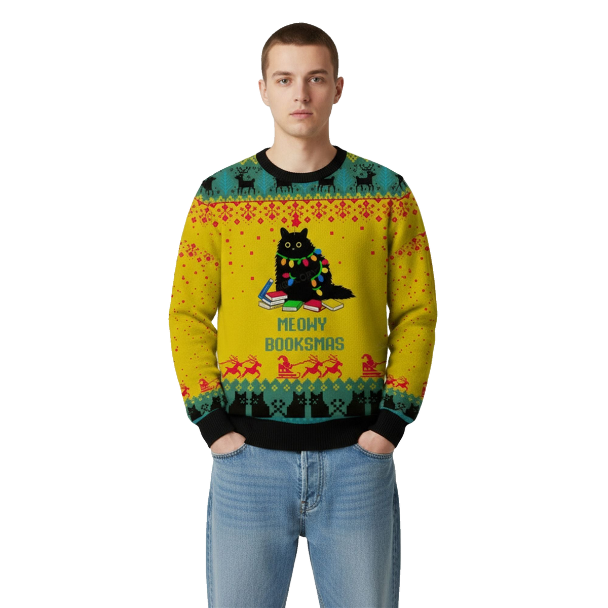 2026 Christmas Meowy Booksmas Ugly Sweater - Moonbestprint