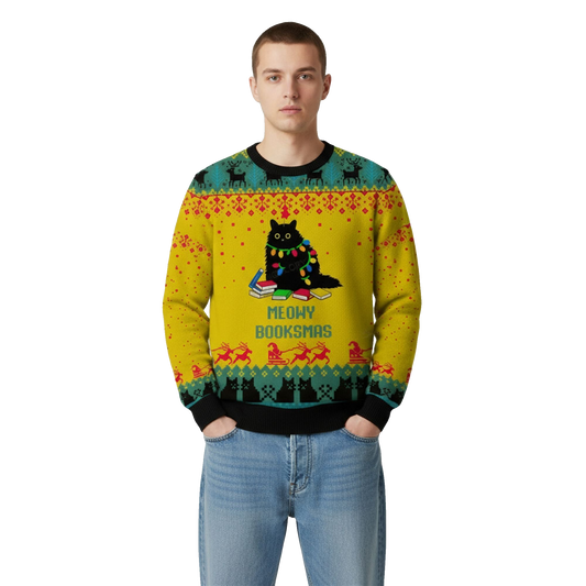 2026 Christmas Meowy Booksmas Ugly Sweater - Moonbestprint