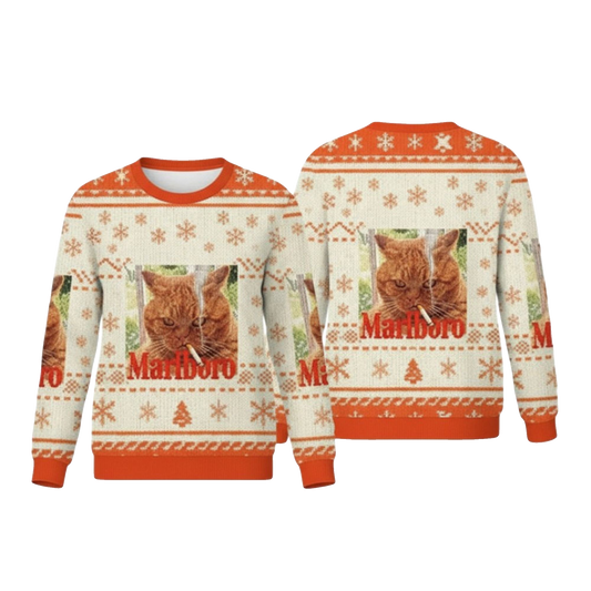 2026 Christmas Marlboro Smoking Cat Meme Ugly Sweater - Moonbestprint