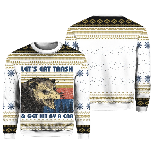 2026 Christmas Let's Eat Trash Get Hit By A Car Opossum Ugly Sweater - Moonbestprint