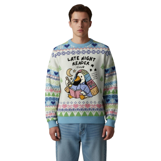 2026 Christmas Late Night Reader Club Goose Ugly Sweater - Moonbestprint