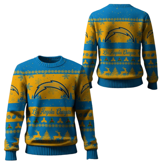 2026 Christmas LA Chargers Festive Reindeer Tree Ugly Sweater - Moonbestprint