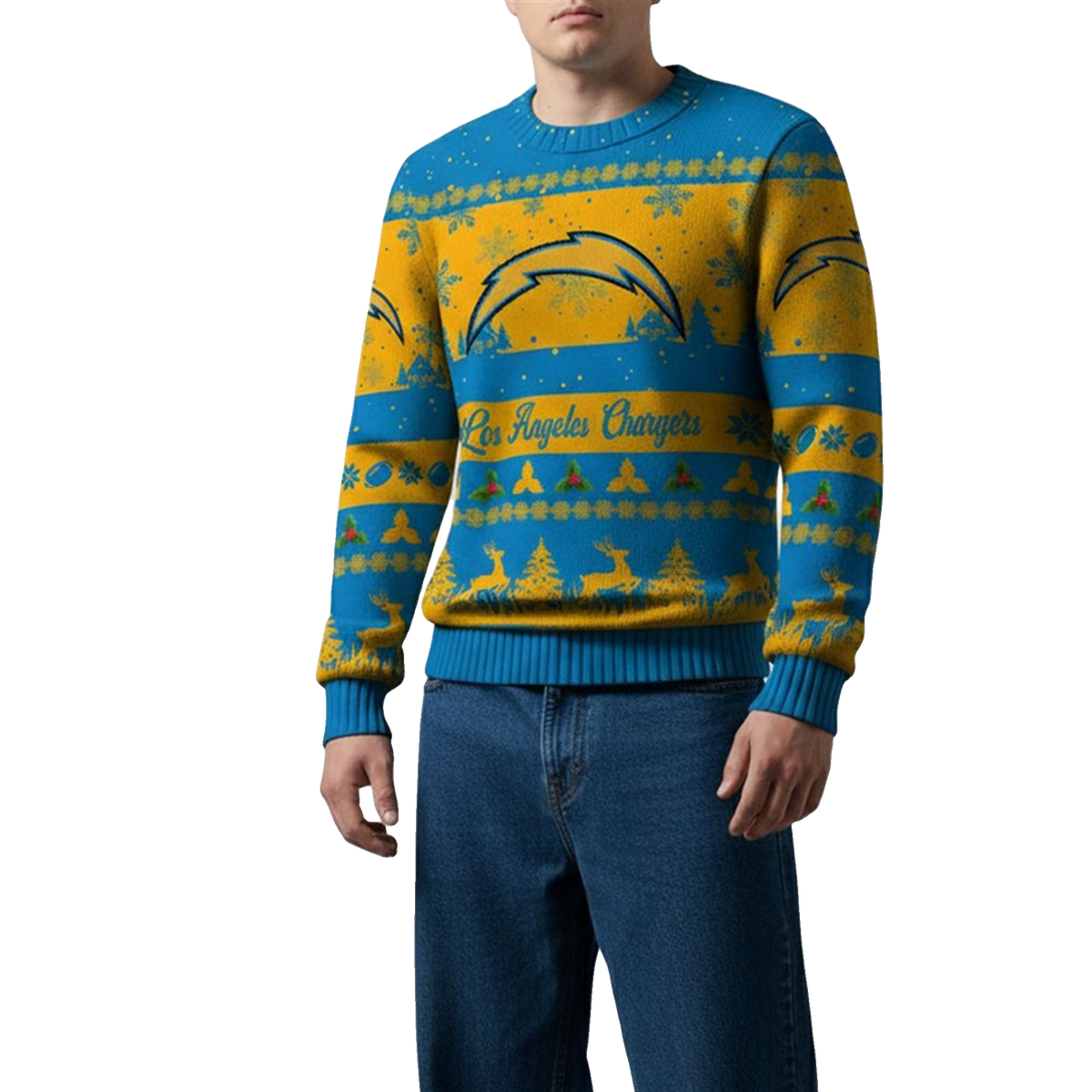 2026 Christmas LA Chargers Festive Reindeer Tree Ugly Sweater - Moonbestprint