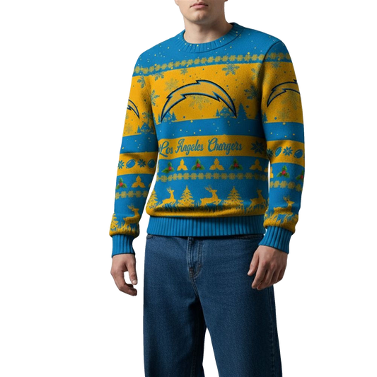 2026 Christmas LA Chargers Festive Reindeer Tree Ugly Sweater - Moonbestprint