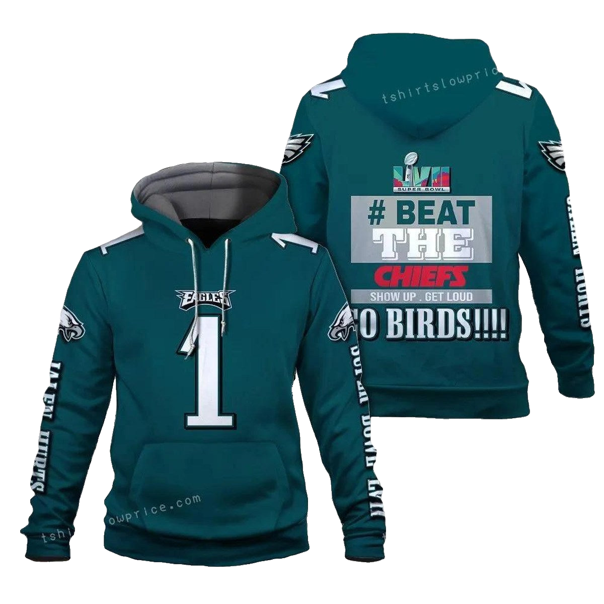 Jalen Hurts 1 Beat The Chiefs Go Birds Philadelphia Eagles Sb Champion 2023 All Over Print Hoodie - Moonbestprint
