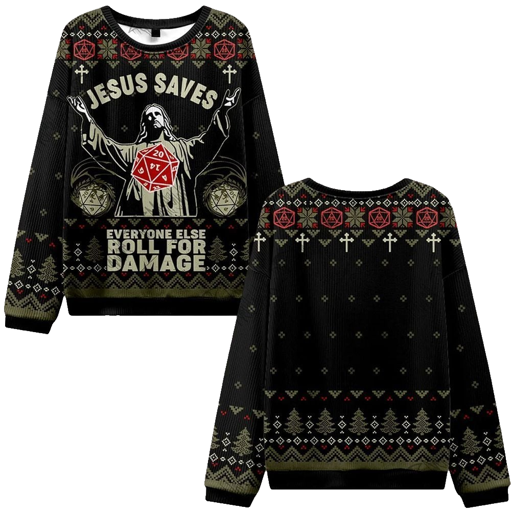 2026 Christmas Jesus Saves Everyone Else Roll for Damage Ugly Christmas Sweater - Moonbestprint
