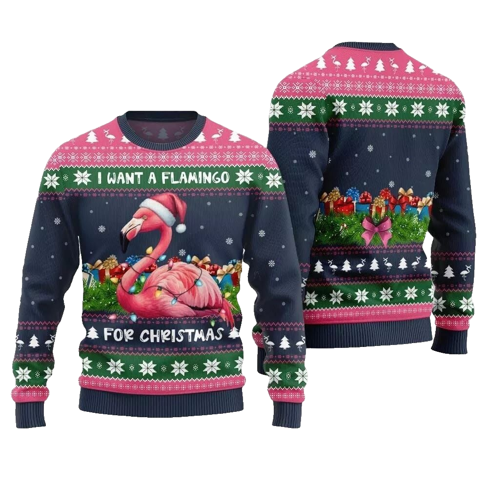2026 Christmas I Want A Flamingo For Christmas Ugly Christmas Sweater - Moonbestprint