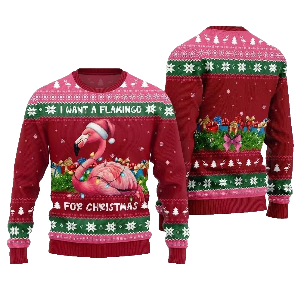 2026 Christmas I Want A Flamingo For Christmas Ugly Christmas Sweater - Moonbestprint