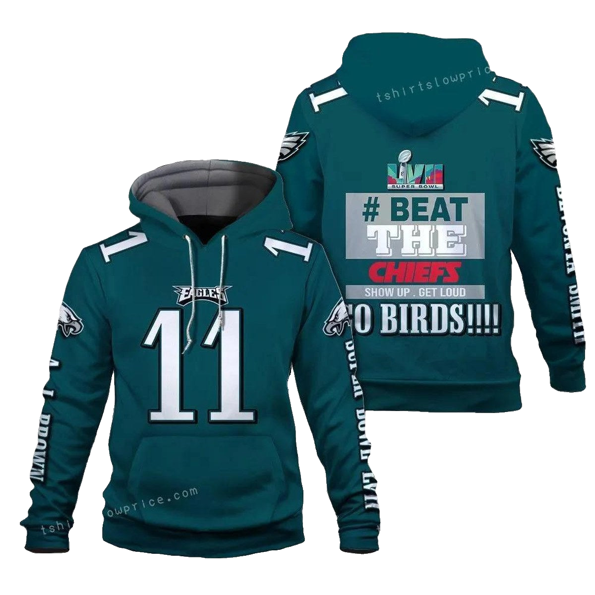 Brown 11 Beat The Chiefs Go Birds Philadelphia Eagles Sb Champion 2023 All Over Print Hoodie - Moonbestprint