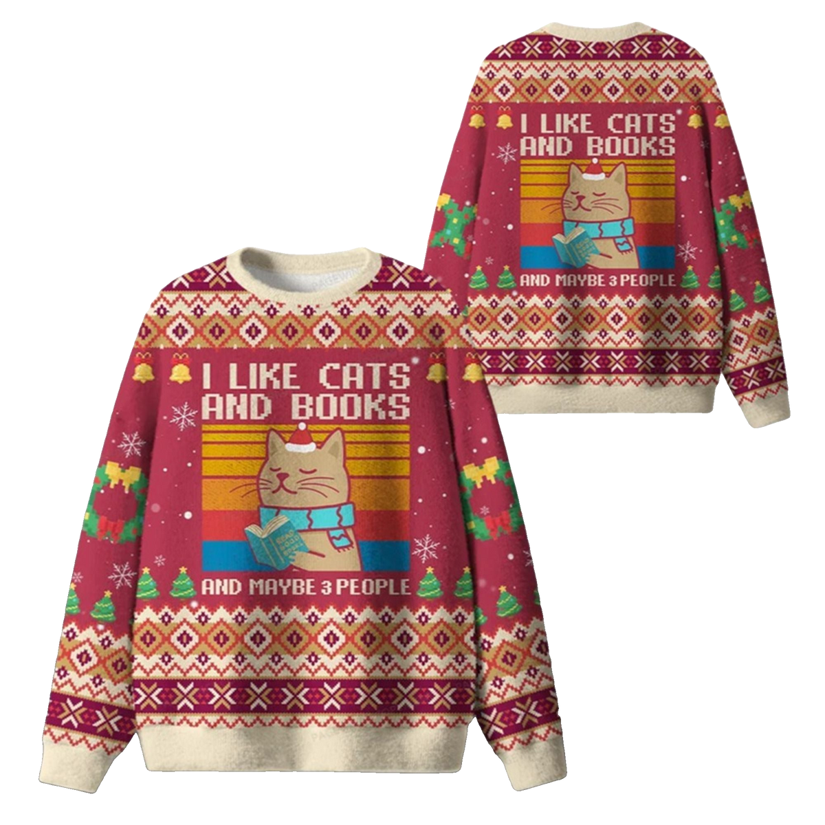2026 Christmas I Like Cats And Books And Maybe 3 People Ugly Sweater - Moonbestprint
