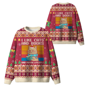 2026 Christmas I Like Cats And Books And Maybe 3 People Ugly Sweater - Moonbestprint