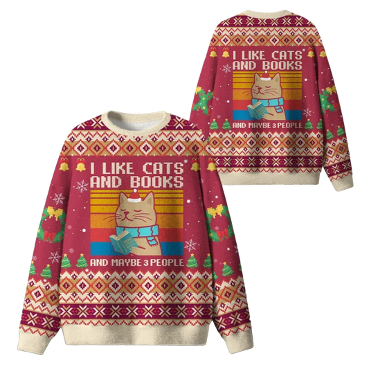 2026 Christmas I Like Cats And Books And Maybe 3 People Ugly Sweater - Moonbestprint