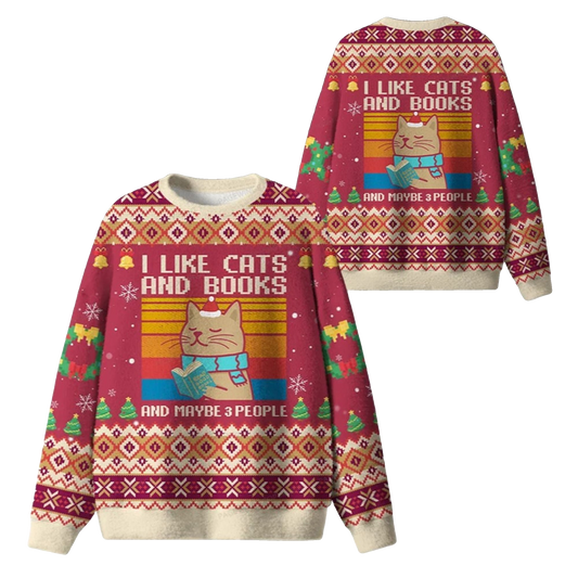 2026 Christmas I Like Cats And Books And Maybe 3 People Ugly Sweater - Moonbestprint