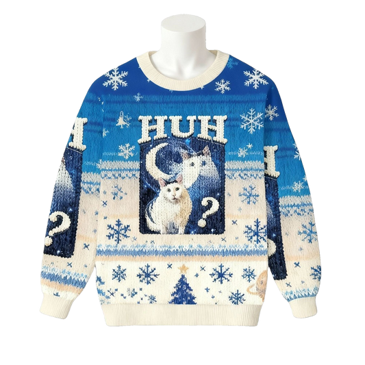 2026 Christmas Huh Cat Funny Dank Meme Moon Ugly Sweater - Moonbestprint