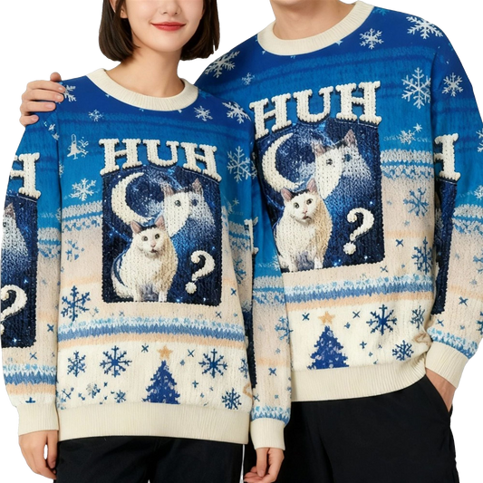2026 Christmas Huh Cat Funny Dank Meme Moon Ugly Sweater - Moonbestprint