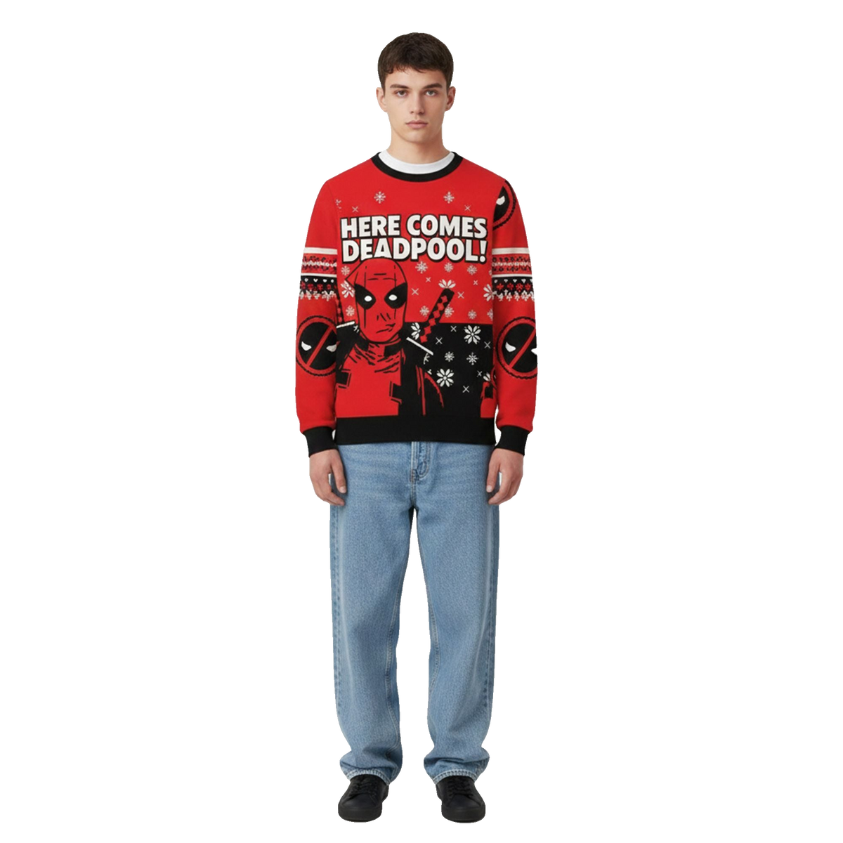 2026 Christmas Here Comes Deadpool Ugly Sweater - Moonbestprint