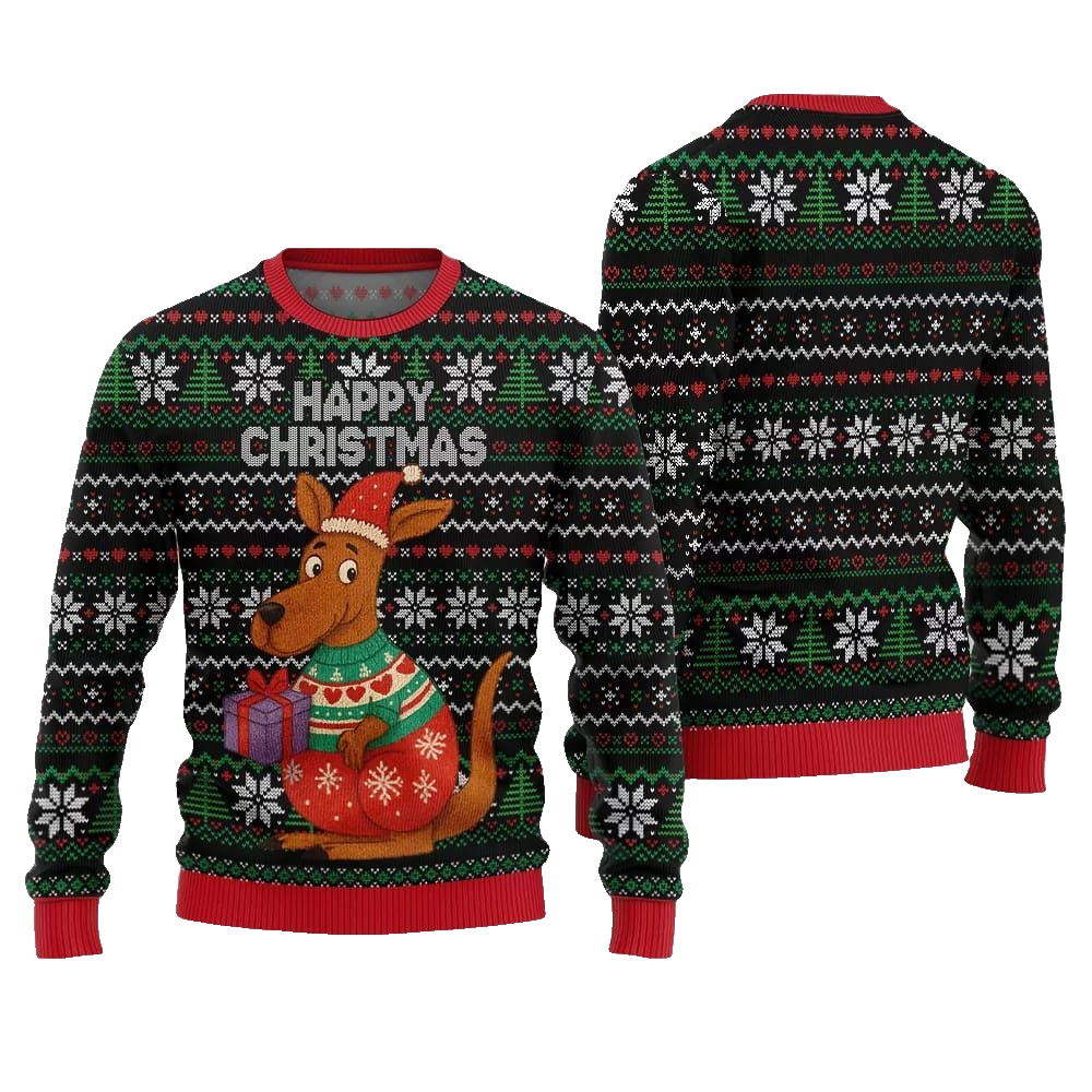 2026 Christmas Happy Christmas Kangaroo Ugly Christmas Sweater - Moonbestprint