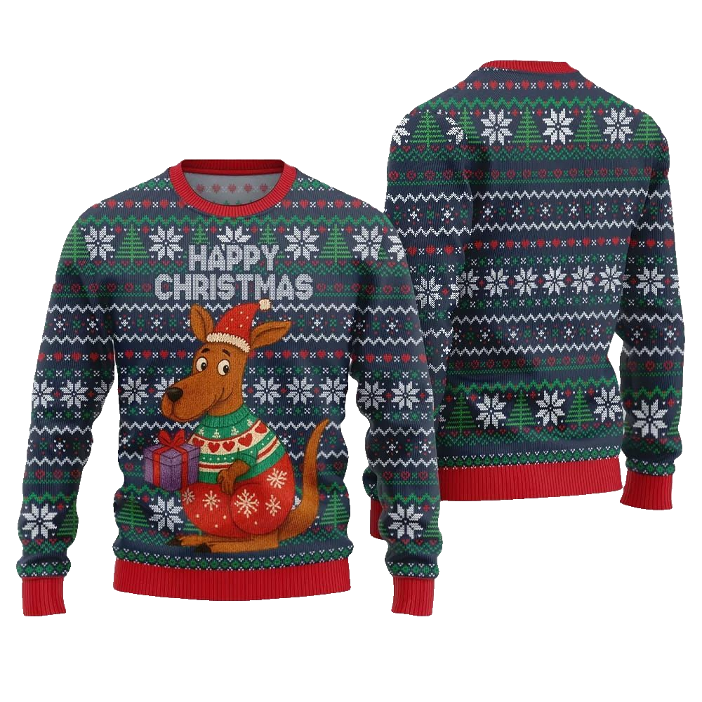 2026 Christmas Happy Christmas Kangaroo Ugly Christmas Sweater - Moonbestprint