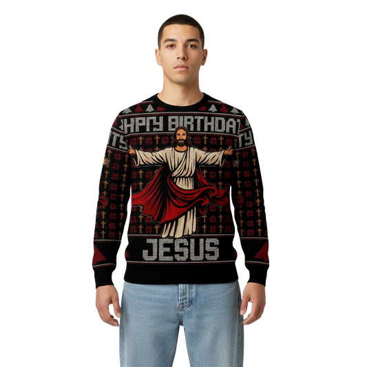 2026 Christmas Happy Birthday Biblical Figure Jesus Ugly Sweater - Moonbestprint