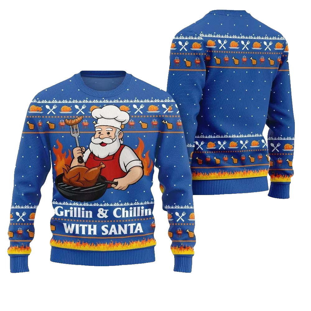 2026 Christmas Grillin Chillin With Santa Ugly Christmas Sweater - Moonbestprint