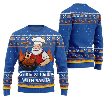 2026 Christmas Grillin Chillin With Santa Ugly Christmas Sweater - Moonbestprint