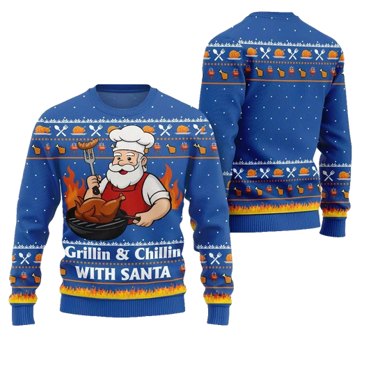 2026 Christmas Grillin Chillin With Santa Ugly Christmas Sweater - Moonbestprint
