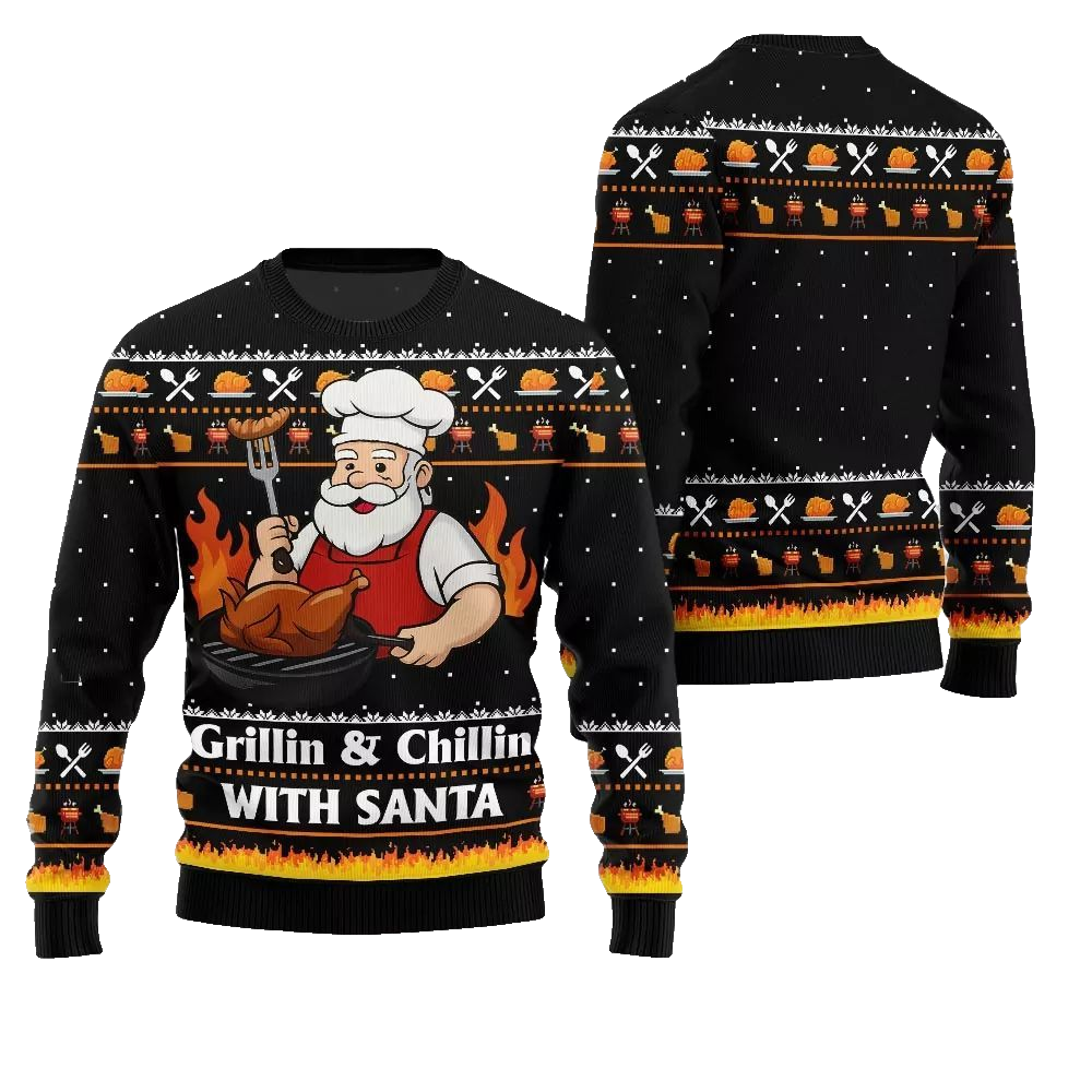 2026 Christmas Grillin Chillin With Santa Ugly Christmas Sweater - Moonbestprint