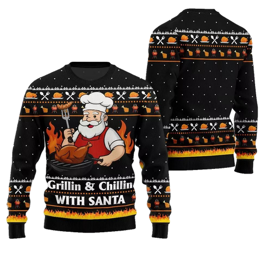2026 Christmas Grillin Chillin With Santa Ugly Christmas Sweater - Moonbestprint