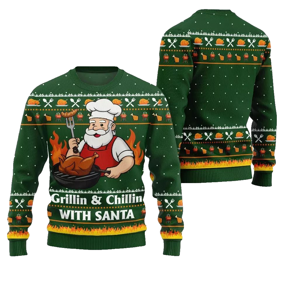 2026 Christmas Grillin Chillin With Santa Ugly Christmas Sweater - Moonbestprint