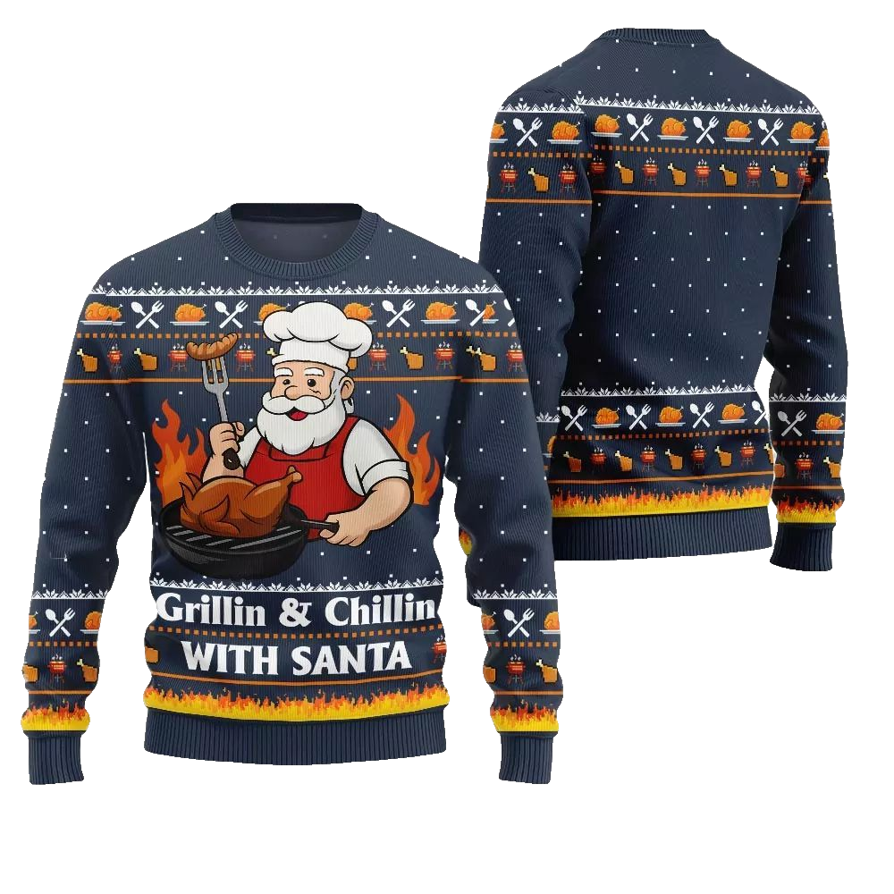 2026 Christmas Grillin Chillin With Santa Ugly Christmas Sweater - Moonbestprint