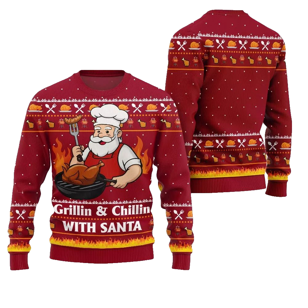 2026 Christmas Grillin Chillin With Santa Ugly Christmas Sweater - Moonbestprint