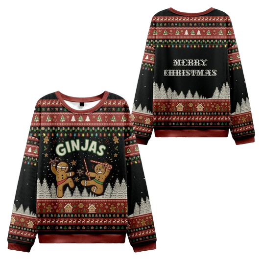 2026 Christmas Gingerbread Ninjas In Battle Ugly Sweater - Moonbestprint