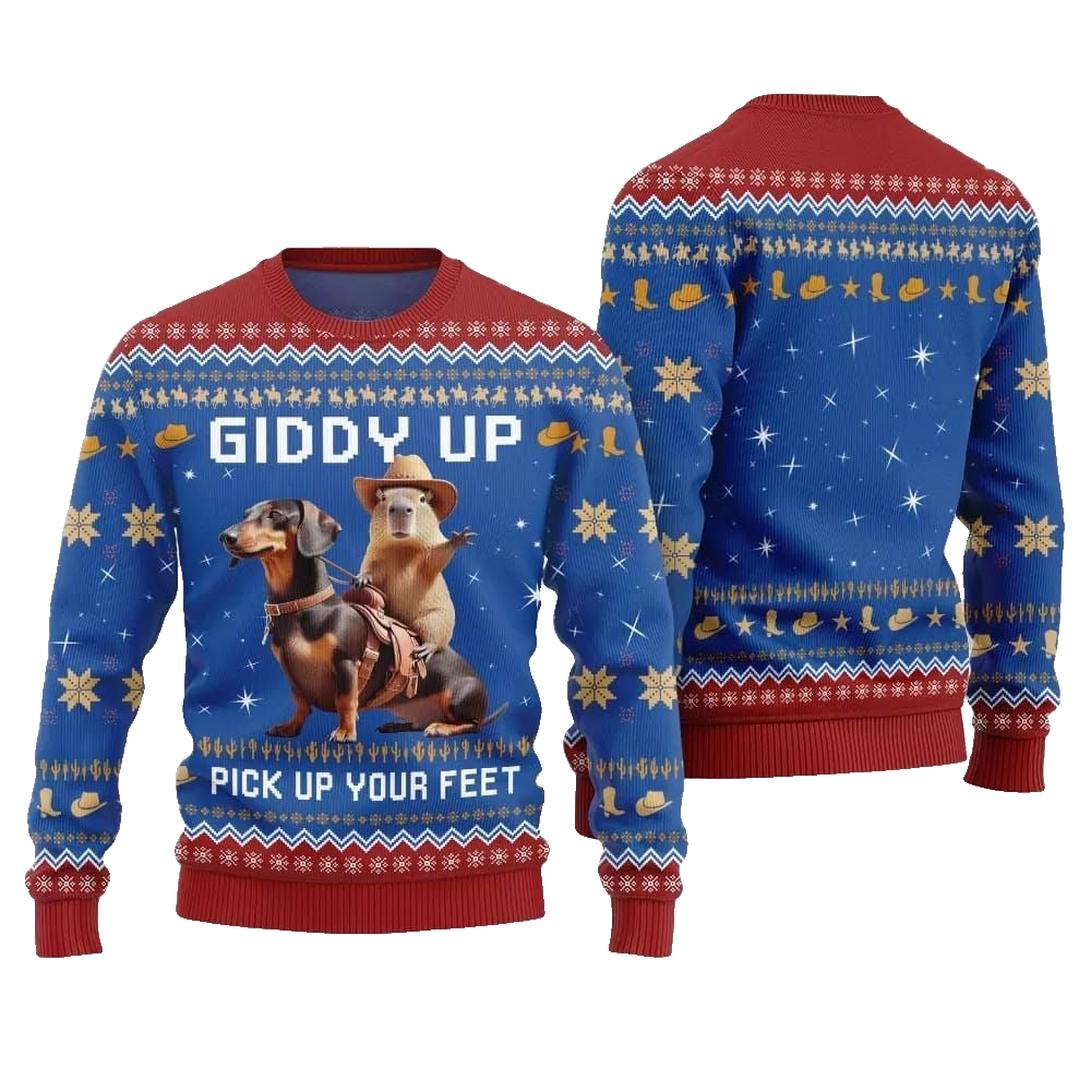 2026 Christmas Giddy Up Pick Up Your Feet Capybara Dachshund Ugly Christmas Sweater - Moonbestprint