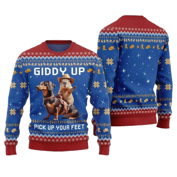 2026 Christmas Giddy Up Pick Up Your Feet Capybara Dachshund Ugly Christmas Sweater - Moonbestprint