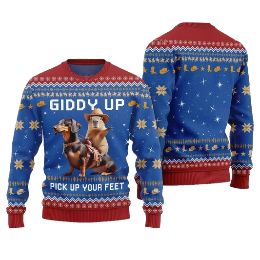 2026 Christmas Giddy Up Pick Up Your Feet Capybara Dachshund Ugly Christmas Sweater - Moonbestprint